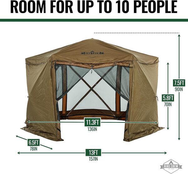 Hike Crew Tonnelle de toit pop-up de 4,9 x 4,9 m | Abri extérieur à 6 côtés avec housse de toit, panneaux zippés intégrés, auvent intégré, piquets, cordes et sac de transport | Résistant aux UV SPF