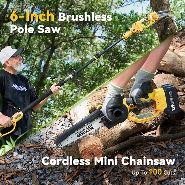 APROTII Perche Élagueuse Télescopique Électrique 8000mAh, Mini Tronçonneuse sans Fil 6 Pouces avec 2 Batteries et Chargeur, Tête Pivotante à 180°, Légère et Maniable pour Tailler les Hautes Branches