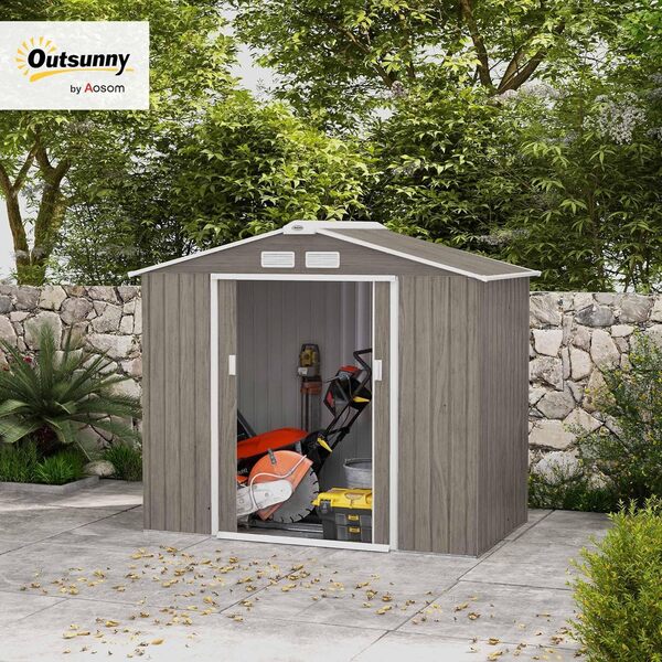 Outsunny Abri de Jardin en tôle d'acier, 2.42m² Abri de Jardin en Acier avec Portes coulissantes, 213x130x185 cm, Light Brown