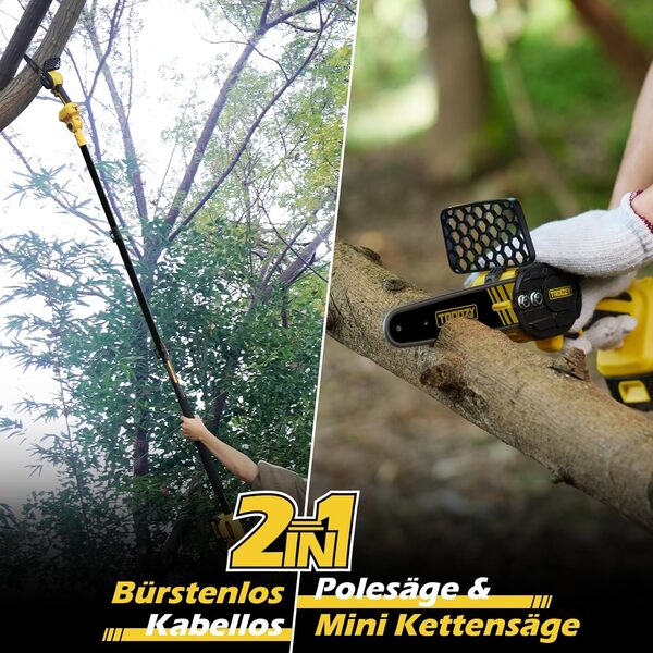 TROOZY Mini Tronconneuse a Batterie 2-EN-1 Elagueuse sur Perche, Brushless, Coupe Branche Telescopique Electrique, Élagueuse sur Perche avec Batterie 3000mAh Jusqu'à 100min, Jusqu'à 4,57m, 21V/6pouces