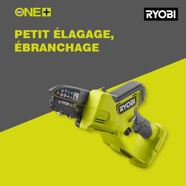 RYOBI - Élagueur à main 18V - Brushless/moteur sans charbons - guide 10 cm - 6 m/s - tendeur sans outil - vendu sans batterie ni chargeur - RY18PSX10A-0