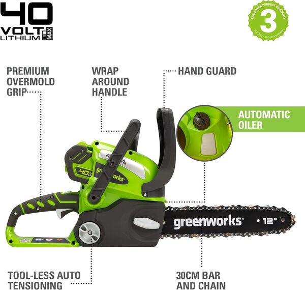 Greenworks 40V 30cm Tronçonneuse, scie à perche avec batterie 2Ah et chargeur