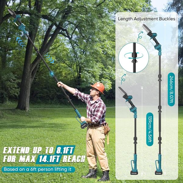 Ovshnrr 2 in 1 Perche Élagueuse 6 et 8 Pouces, Mini Tronçonneuse avec 2 Batteries 4000 mAh, 4 Longueurs Peuvent être Epissées Extension jusqu'à 14.1FT Élagueuse pour le Jardin, le Branches et le Bois