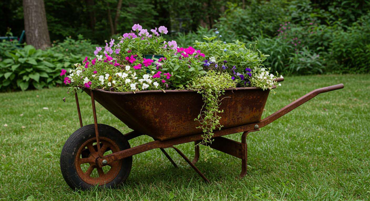 Transformer une vieille brouette rouillée en une jardinière mobile pleine de charme