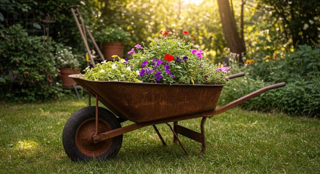 Transformer une vieille brouette rouillée en une jardinière mobile pleine de charme