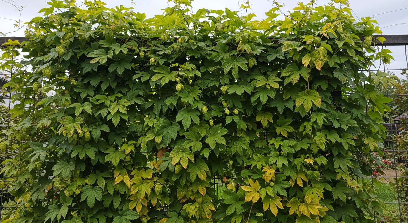 Cette plante grimpante pousse de 3 mètres en un été et ne demande aucun soin, parfaite pour cacher un vis-à-vis (le houblon doré)