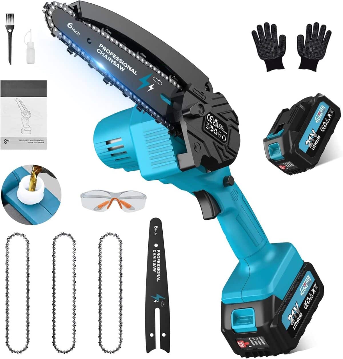 Test : mini tronçonneuse à batterie 6 pouces 8000mAh avec graisseur automatique