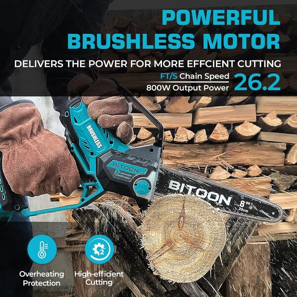 BITOON Mini tronçonneuse de 20,3 cm avec batterie de 3,0 Ah et chargeur, auto-huileur, sans fil, sans balais de 20,3 cm et 15,2 cm, tronçonneuse électrique portable pour couper du bois de chauffage,