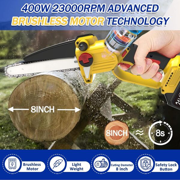 Mini Tronçonneuse à Batterie 8 Pouces Tronçonneuse Électrique sans Fil Brushless avec 2 Batterie et Chargeur 21V Tronconneuse a Batterie avec Verrous de Sécurité à Droite et à Gauche,Yellow,c
