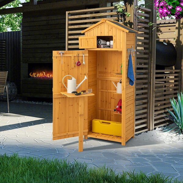 COSTWAY Armoire de Jardin Bois, Abris de Jardin Bois de Sapin, 3 Étagères Amovibles, Porte avec Loquet, Tablette Pliable, Toit Asphalte, 8 Crochets, Compartiment, Cabanon Jardin Exterieur Bois