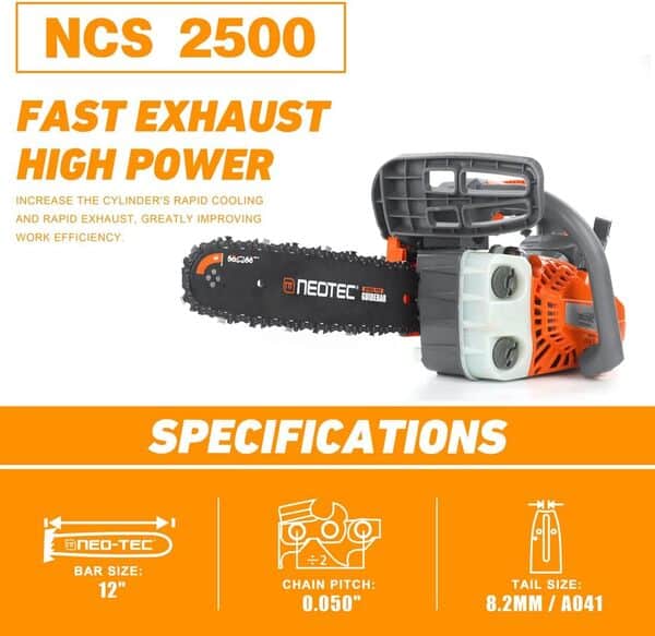 NEO-TEC Tronçonneuse à gaz avec poignée supérieure de 30,5 cm, mini tronçonneuse à 2 temps 25,4 cc pour couper du bois à gaz