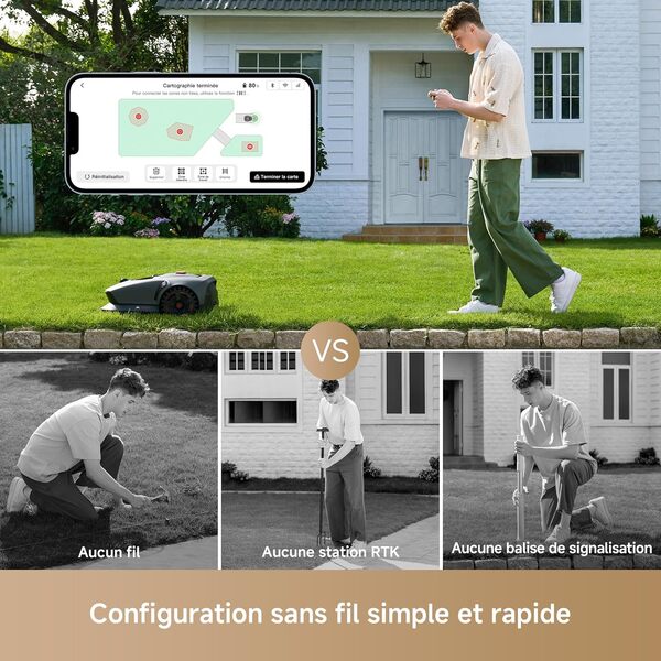 MOVA 1000 Robot Tondeuse Installation sans Fil, cartographie 3D-LiDAR jusqu'à 1000 m² évitement Intelligent des Obstacles. Contrôle Via App, Roues Tout-Terrain, Coupe en U, Chargement Rapide