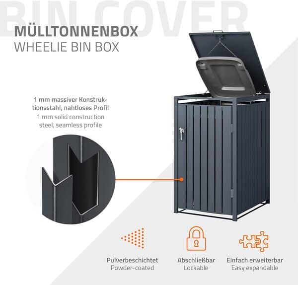 ML-Design Box pour 1 Poubelle, 240L, 68x80x116,3 cm, en Acier, Anthracite, Résistant aux Intempéries, Habillage de Poubelle avec Couvercle Rabattable et 1 Porte, Conteneur Abri Hangar Cache-Poubelle