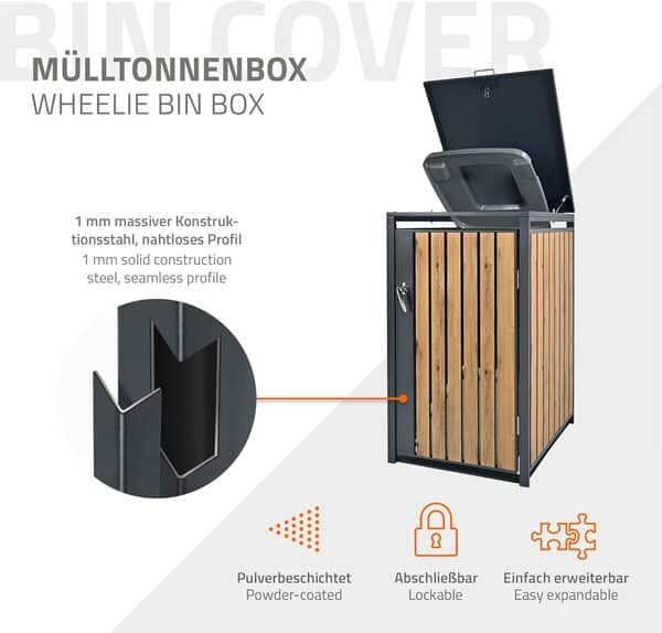 ML-Design Box pour 1 Poubelle, 240L, 68x80x116,3 cm, en Acier, Anthracite/Aspect Chêne, Résistant aux Intempéries, Habillage de Poubelle avec Couvercle Rabattable/Porte, Conteneur Abri Hangar
