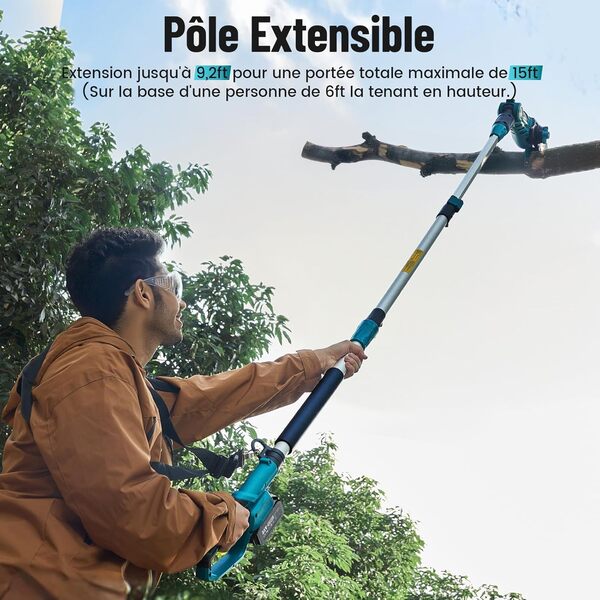 SEESII 8&10 Pouces Mini Tronçonneuse à Batterie 4000 mAh, Télescopique Tronconneuse Electrique à Extension et Ceinture, Hauteur de Travail Jusqu'à 4,57 m, Tronçonneuse à Graisseur Automatique