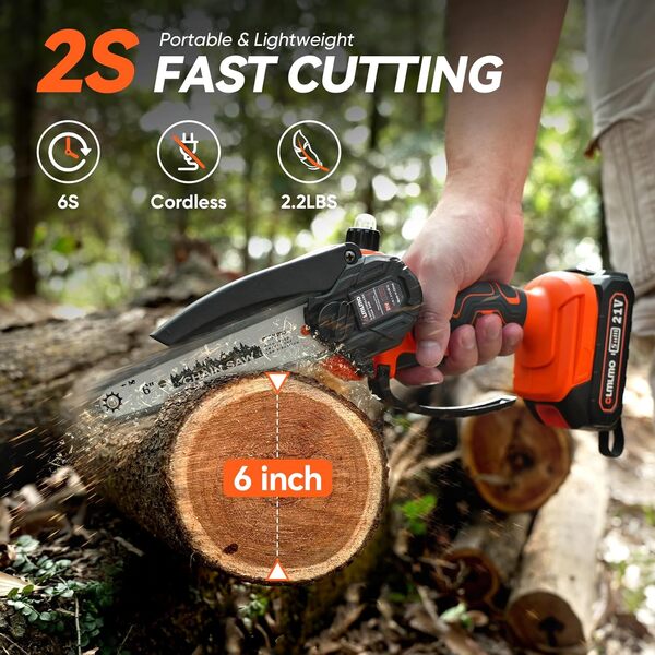 Mini tronçonneuse avec batterie, 6 pouces, batterie de 4000 mAh, 6-8 m/s, tronçonneuse électrique, avec réservoir d'huile et serrure de sécurité, tronçonneuse sans fil portable pour cour, maison et