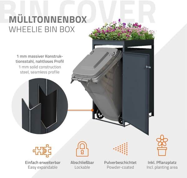 ML-Design Abri pour 1 Poubelle 240L, 68x80x124cm, en Acier, Anthracite, avec Porte à Poignées et 2 Clés, avec Jardinière, Conteneur Extérieur, Moderne, Résistant aux Intempéries, Habillage de Poubelle