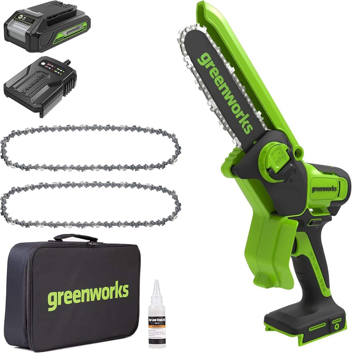 Test : mini tronçonneuse Greenworks 24V 10cm + pack de chaînes
