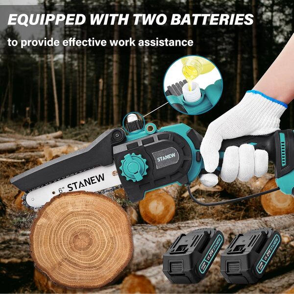 Mini Tronçonneuse à Batterie Brushless STANEW 6 pouces et 8 pouces, 2 Batteries 2000 mAh,2 guides et 2 chaînes,600W Tronçonneuse Électrique sans Fil, moteur sans balais Pour la Jardinage