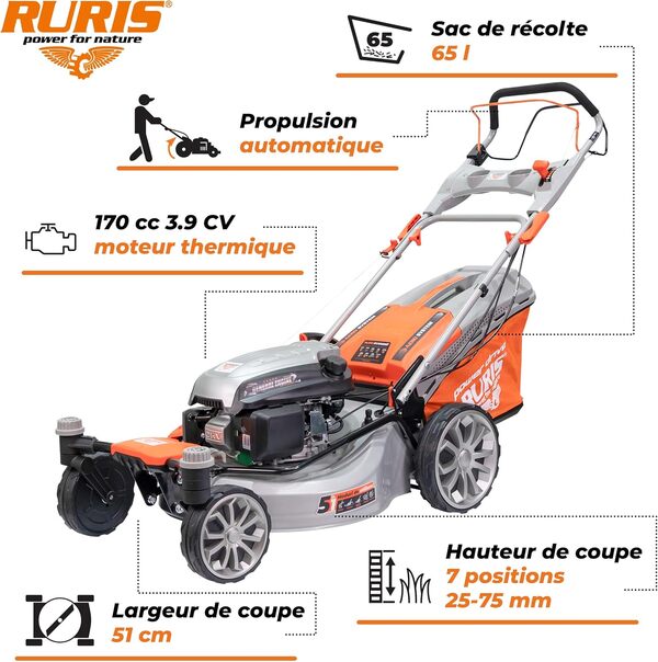 RURIS Tondeuse à Gazon RXM1000 3,9CV, 510mm, Sac 65L,Propulse Automatique, Manipulation Facile à Deux Roues, Cinq Fonctionnes: Récupération en Sacs, Déflecteur Latéral, Mulching, deflecteur Arriere