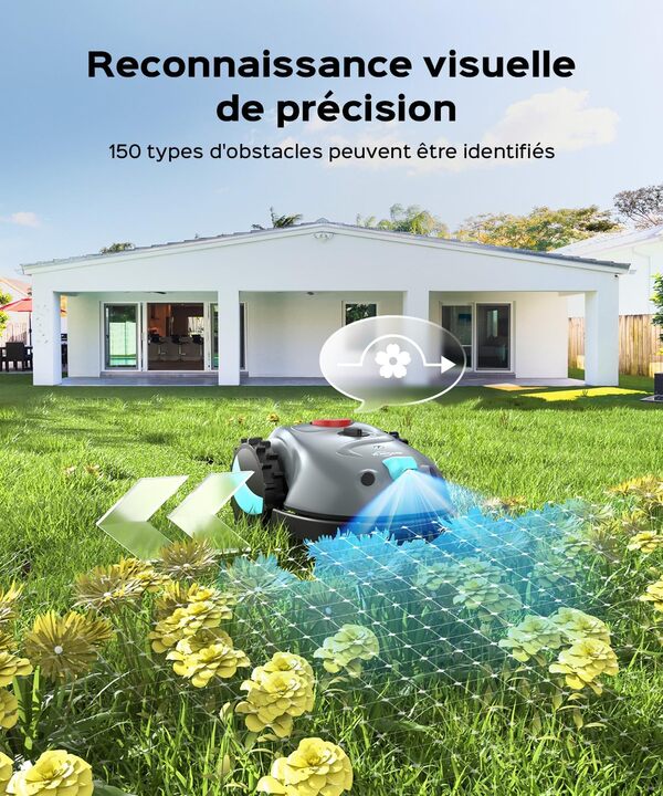 YARDCARE V100 Robot Tondeuse sans Fil Périphérique, avec Caméra, évitement d'obstacles, Navigation Visuelle, 150㎡ Robot Tondeuse Gazon Batterie 4 Ah, avec Lames de Rechange, Coupe en Spirale