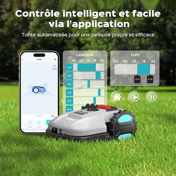 YARDCARE E400 Robot Tondeuse, Jusqu’à 400 m²,Contrôle Via Application, Recharge Automatique, Hauteur Réglable 20–60 mm, Moins de 60 DB, Capteur de Pluie