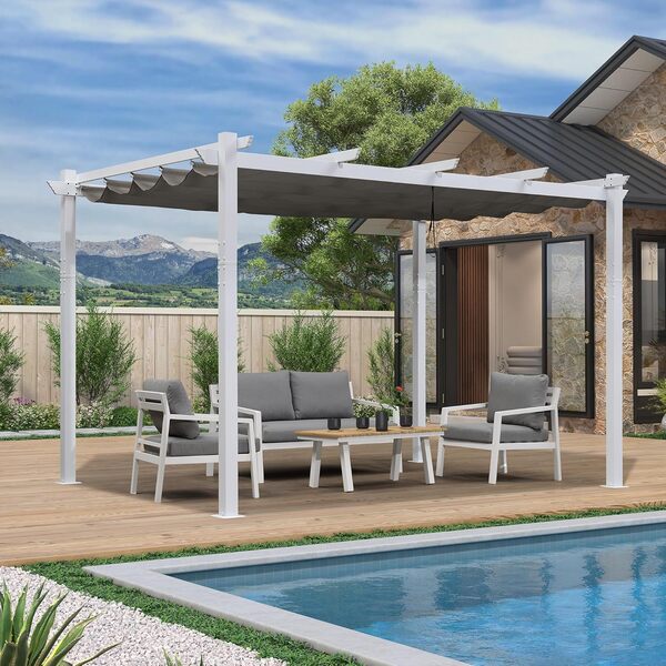 PURPLE LEAF Pergola Aluminium 4 x 3 m Pergola Jardin Extérieur avec Imperméable et Résistant aux UV Toit Coulissante Métal Blanc pour Terrasse, Gris