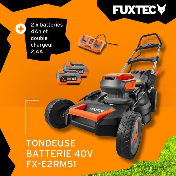 Fuxtec Tondeuse à Gazon sans Fil 40V (2x20V) E2RM51 Autotractée, Mulching et Éjection latérale - Set Batteries 2x4Ah et Chargeur - Largeur De Coupe 51cm, 50L, Hauteur De Coupe 30-90mm