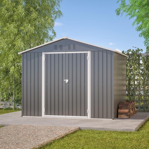 KOMHTOM 8x6 FT Abri de Jardin Métal Gris avec Porte Battante, Ouvertures de Ventilation Prévues, Cabane de Jardin Extérieur avec Serrure, Rangement Outils de Jardi (Gris-8x6 FT)