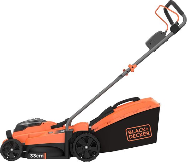 BLACK+DECKER Tondeuse - 18V - 33 cm - Jardin Jusqu'à 350 m² - Fonction Mulching - 5 Hauteurs de Coupe Ajustables - 35 L - Poignée Forme Landeau - 2 Batteries et 1 Chargeur - BCMW3318L2-QW Orange/Noir