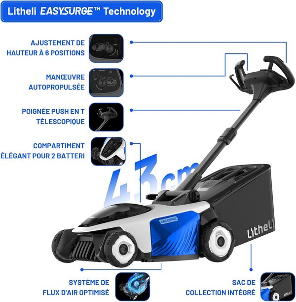Litheli Easysurge Tondeuse à Gazon sans Fil 43cm, 2X 20V Batteries 4.0Ah, Autotractée (2,2-4,7 km/h), Bac 50L, 25-75 mm Hauteur Réglable, pour Pelouses jusqu'à 500m²