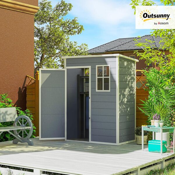 Outsunny Abri de Jardin 1,14 m² cabane de Jardin pour Outils - Porte verrouillable, aération et fenêtre - dim. 151L x 92l x 193H cm - Plastique, Gris