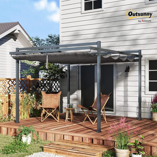 Outsunny Pergola Pavillon env. 3,5x3m aluminium stable résistant à l'hiver protection solaire avec toit coulissant réglable autoportant pavillon de jardin abri de terrasse abri pour jardin balcon gris