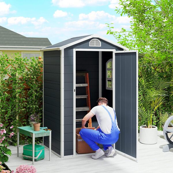 Outsunny Abri à Outils Armoire de Jardin 1,40 m² en résine polypropylène - 1 Porte verrouillable, 1 fenêtre et 1 Grille d'aération - 134 x 104 x 204 cm Gris foncé