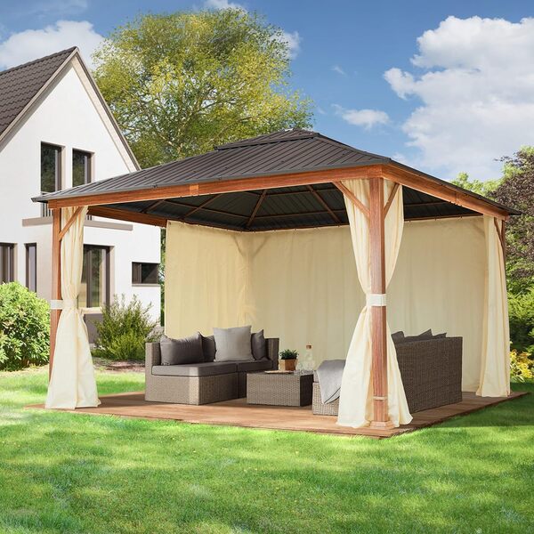 Tonnelle de Jardin 4x4 m Aspect Bois, Toit en Acier 4 parois latérales, Champagne