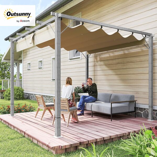 Outsunny Pergola - Tonnelle de jardin 3x3 m - Fixation magnétique - Toit en aluminium - Toit réglable - Autonome - Protection UV 30+ - Terrasse et jardin - Gris