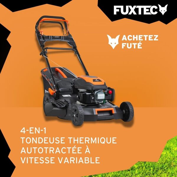 FUXTEC Tondeuse Thermique Autotractée Vitesse Réglable et Flexible FX-RM5170PRO 4en1-170cm3 4 CV | 4 Temps | Largeur De Coupe 51cm & Hauteur De Coupe Réglable - Bac 60L, Mulching & Éjection Latérale