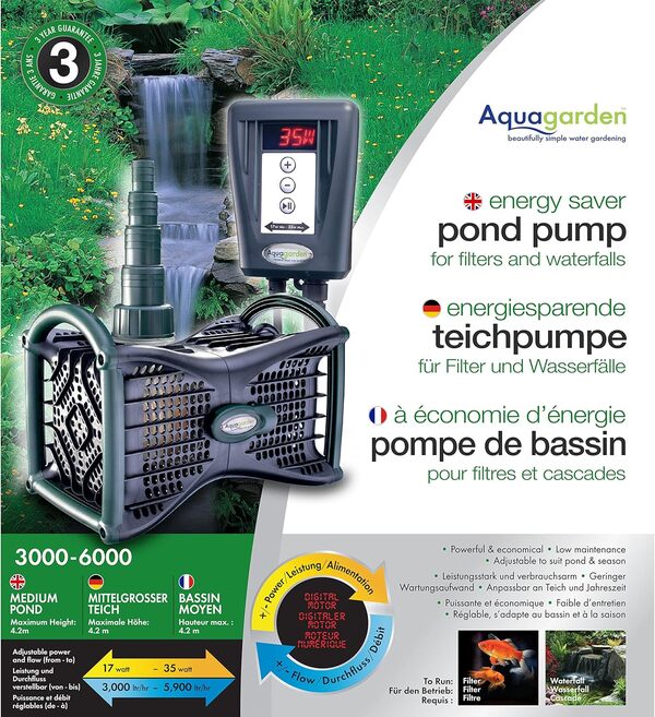 Aquagarden, Pompe de Bassin à économie d’énergie, pour Les fontaines, Les Cascades et Les éléments Aquatiques, Puissance et débit d’Eau réglables, Convient à Un pompage Jusqu’à 6000 litres