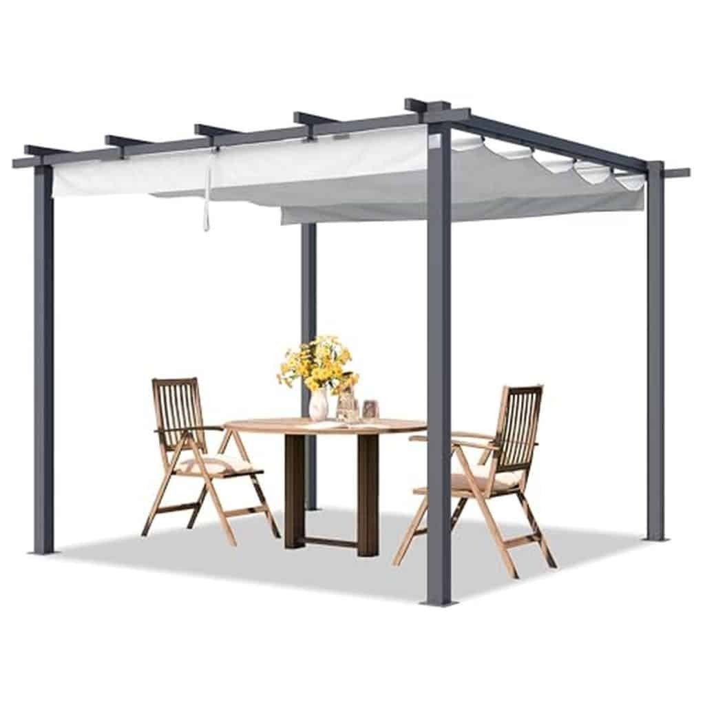 Test pergola PRIMEYARD 3x3 m : toit rétractable en acier gris