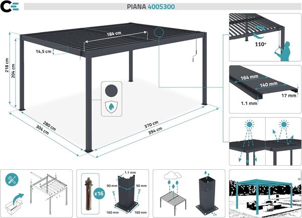 Dรฉcouvrez la pergola bioclimatique Cazeboo Santa 4x3m : design moderne en aluminium gris, lames orientables et protection solaire optimale pour votre jardin.